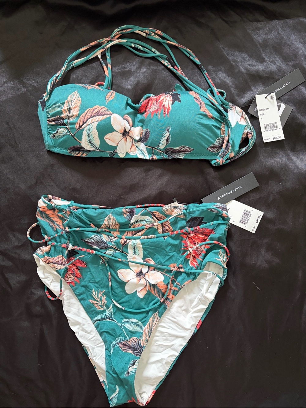 BCBGMaxAzria Teal Floral Bandeau Bikini Set